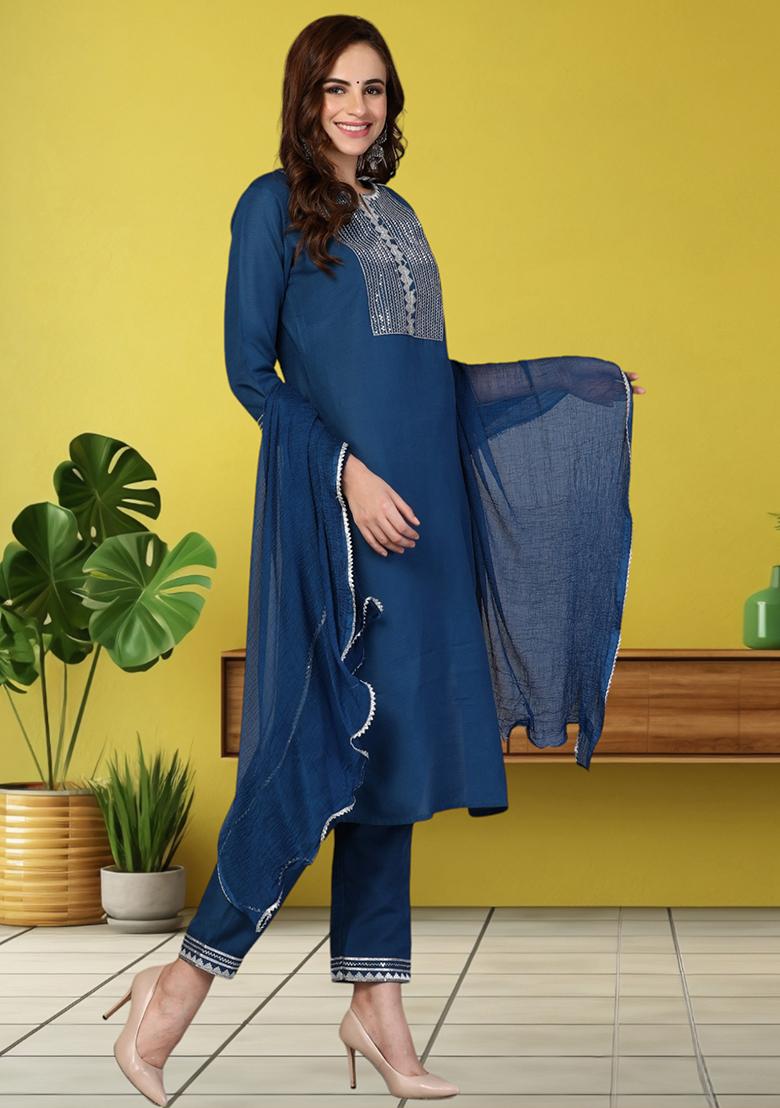 Blue Embroidered Rayon Kurta Set