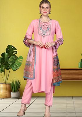 Pink Embroidered Rayon Kurta Set