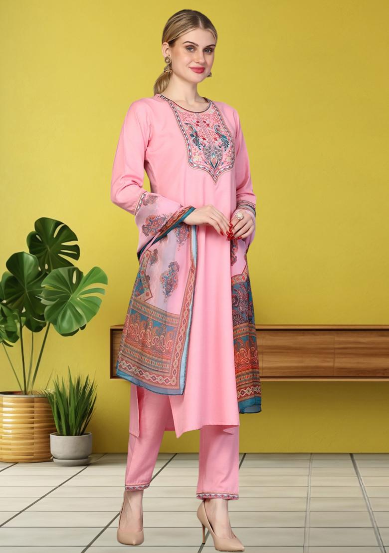 Pink Embroidered Rayon Kurta Set