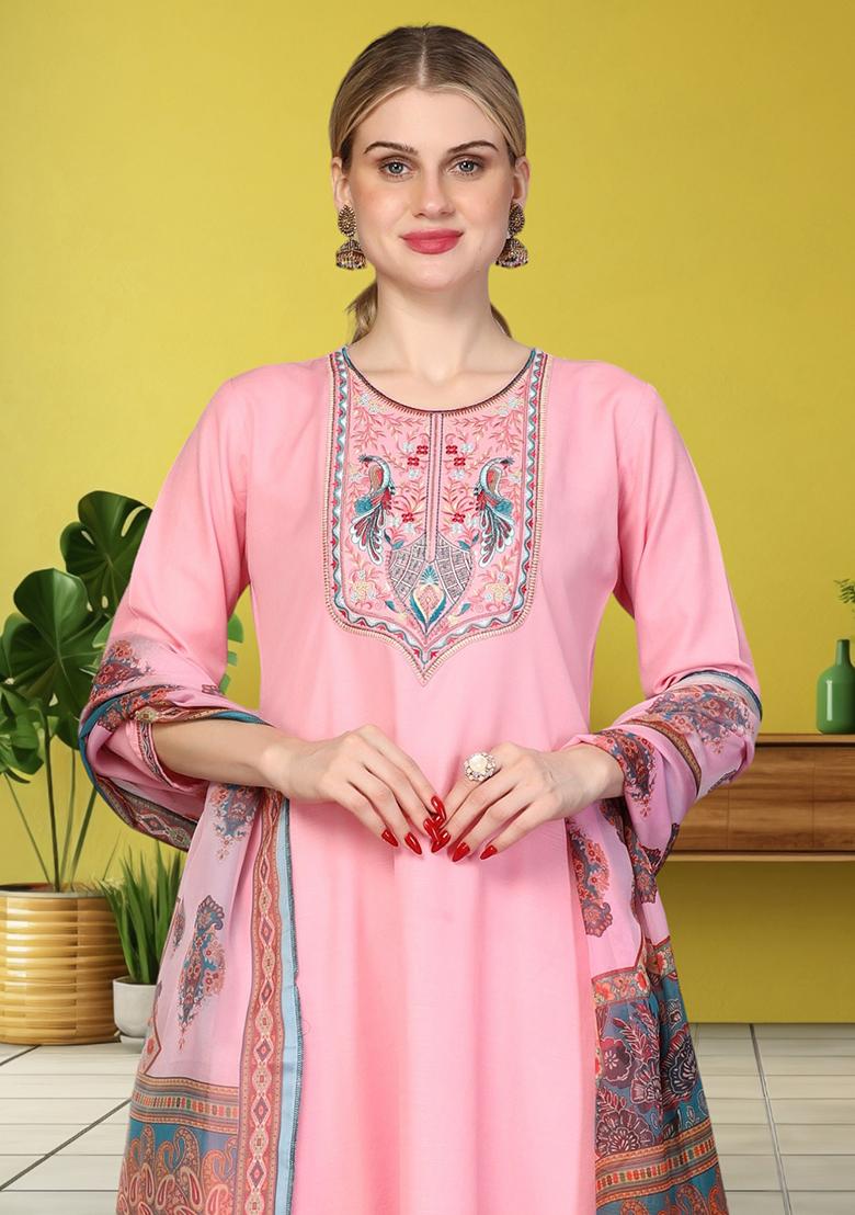 Pink Embroidered Rayon Kurta Set