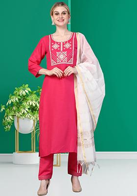 Red Embroidered Rayon Kurta Set