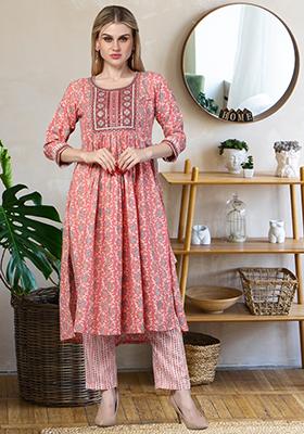 Peach Embroidered Rayon Kurta Set