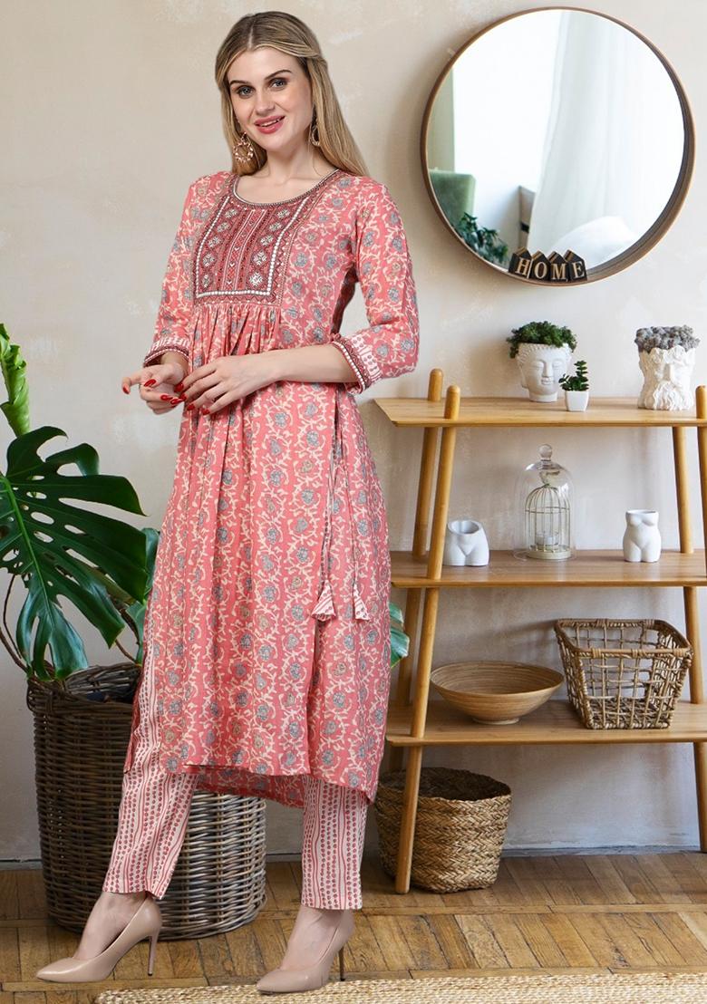 Peach Embroidered Rayon Kurta Set