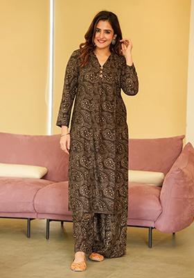 Brown Printed Muslin Kurta Set