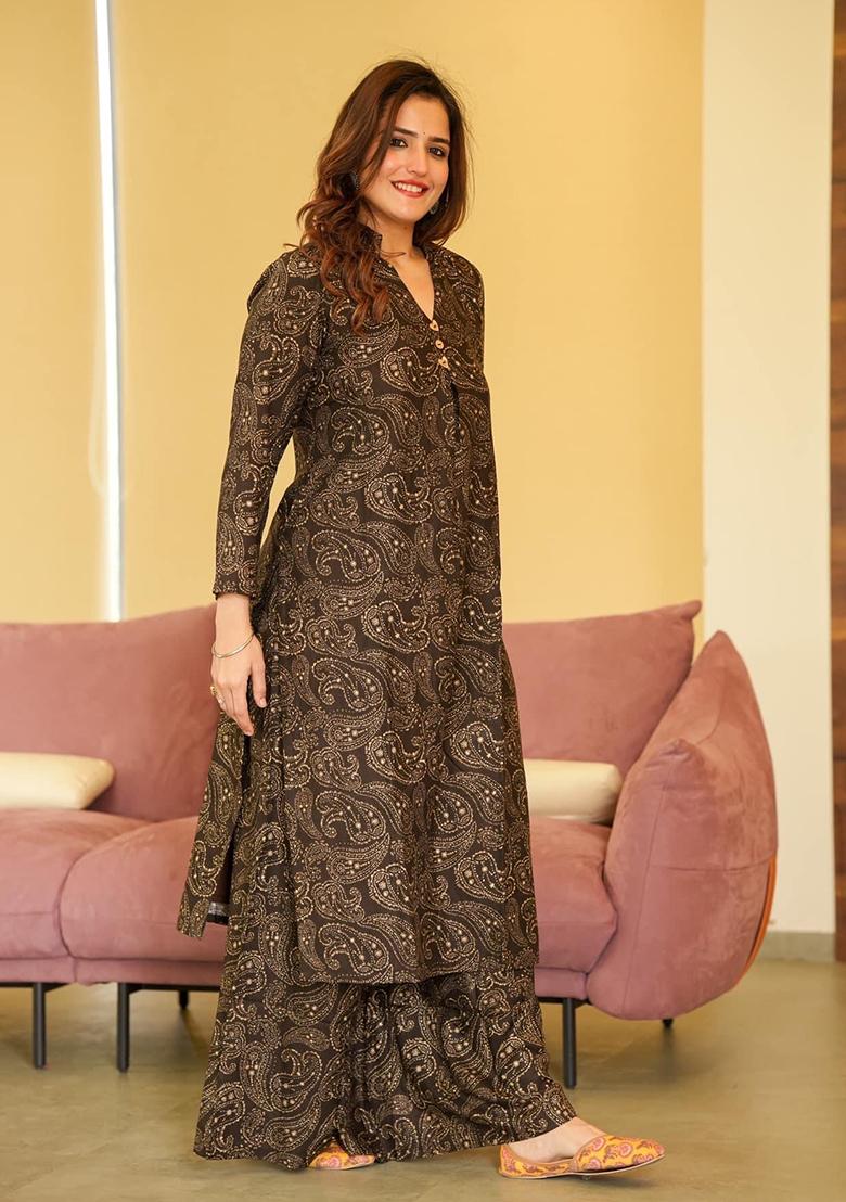 Brown Printed Muslin Kurta Set
