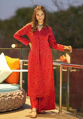 Red Printed Muslin Kurta Set