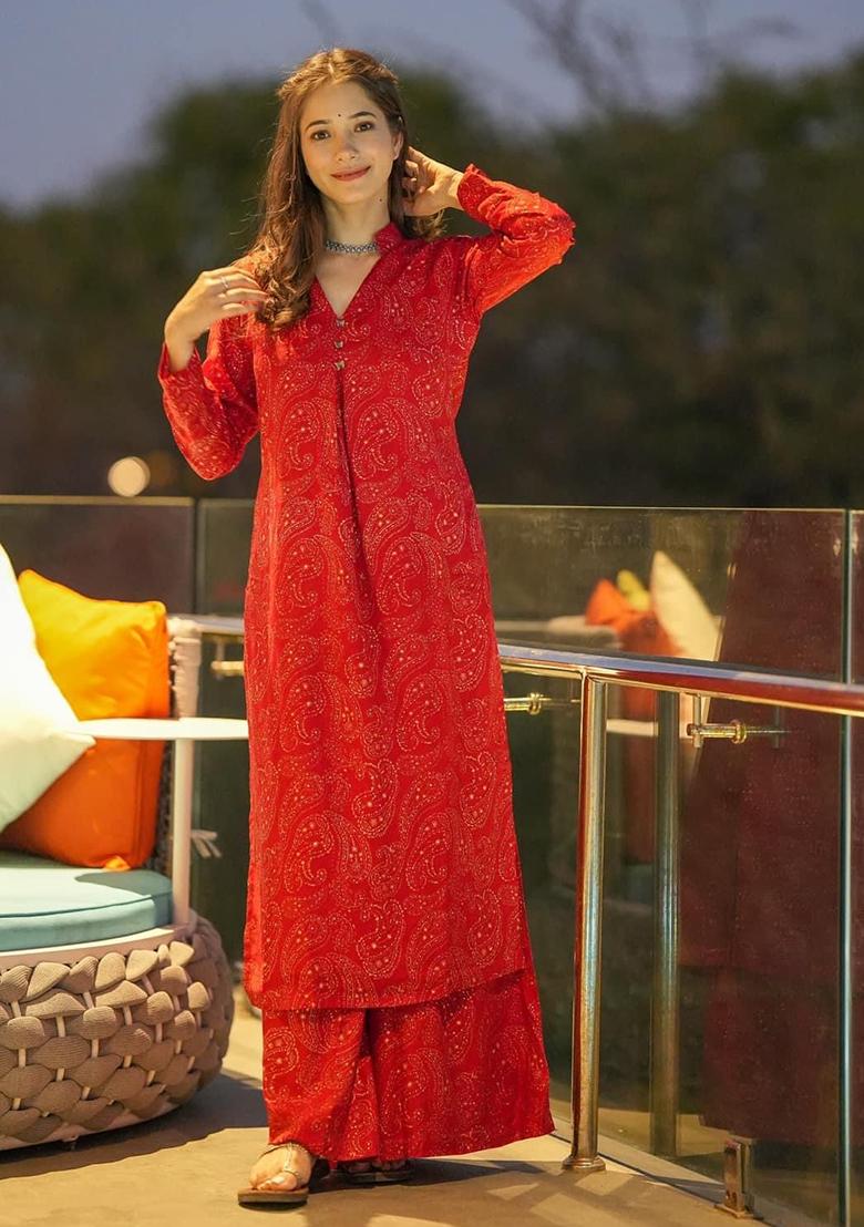 Red Printed Muslin Kurta Set