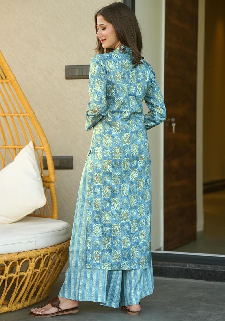 Electric Blue Printed Muslin Kurta Set