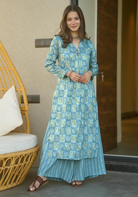 Electric Blue Printed Muslin Kurta Set