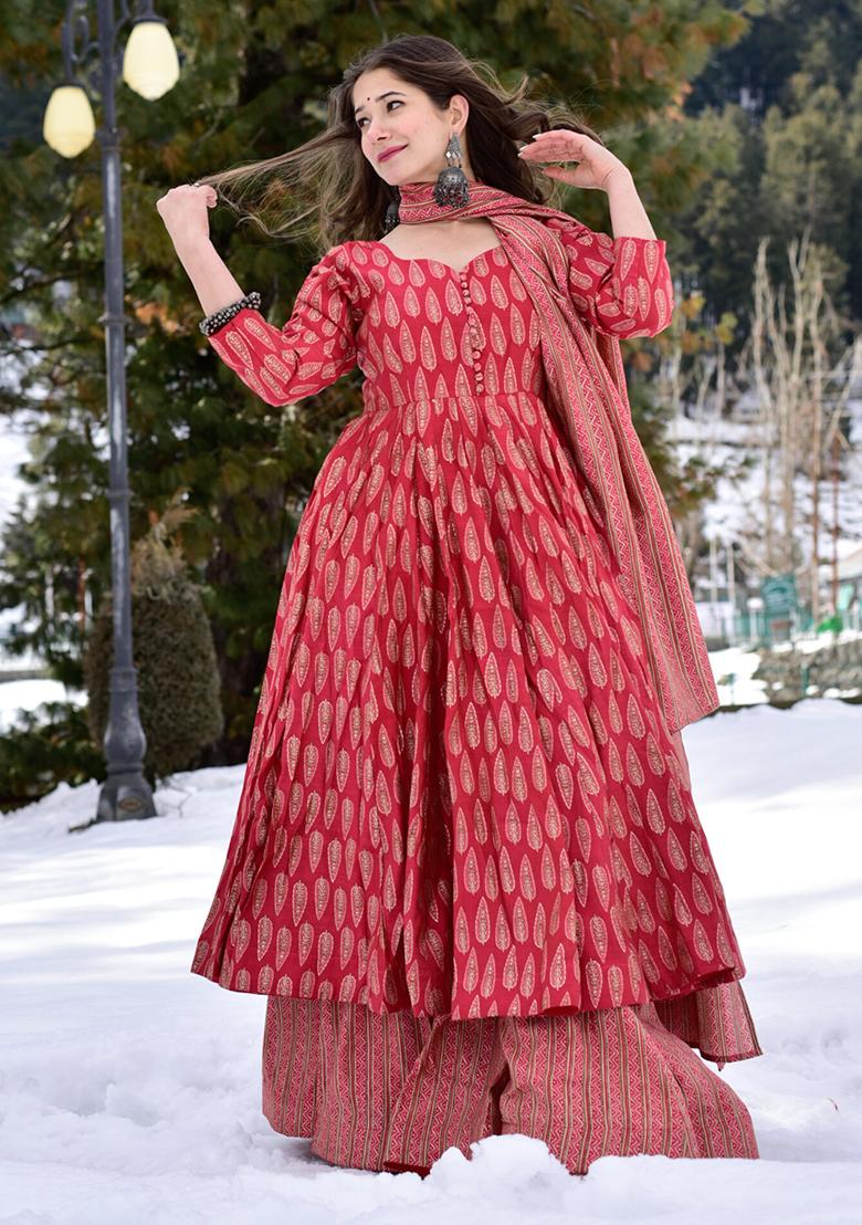 Red Printed Muslin Anarkali Set
