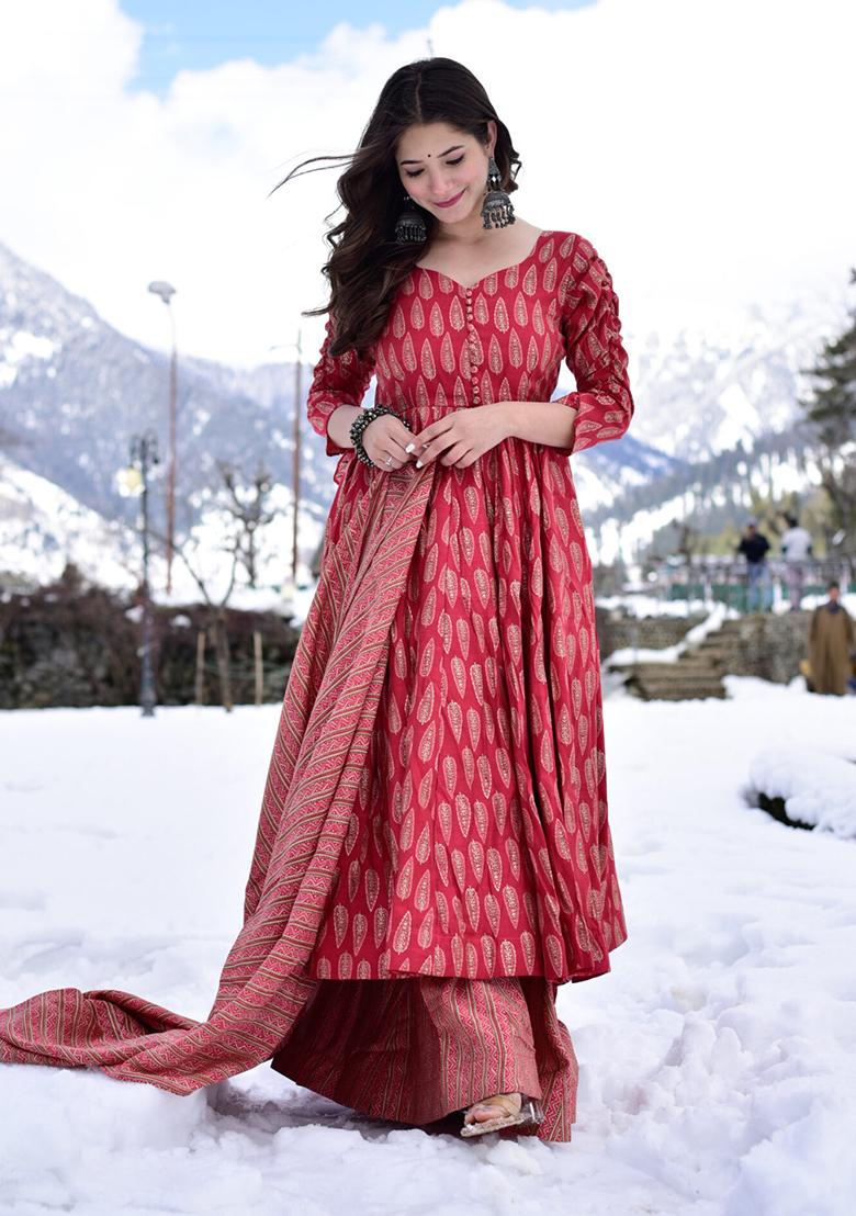 Red Printed Muslin Anarkali Set