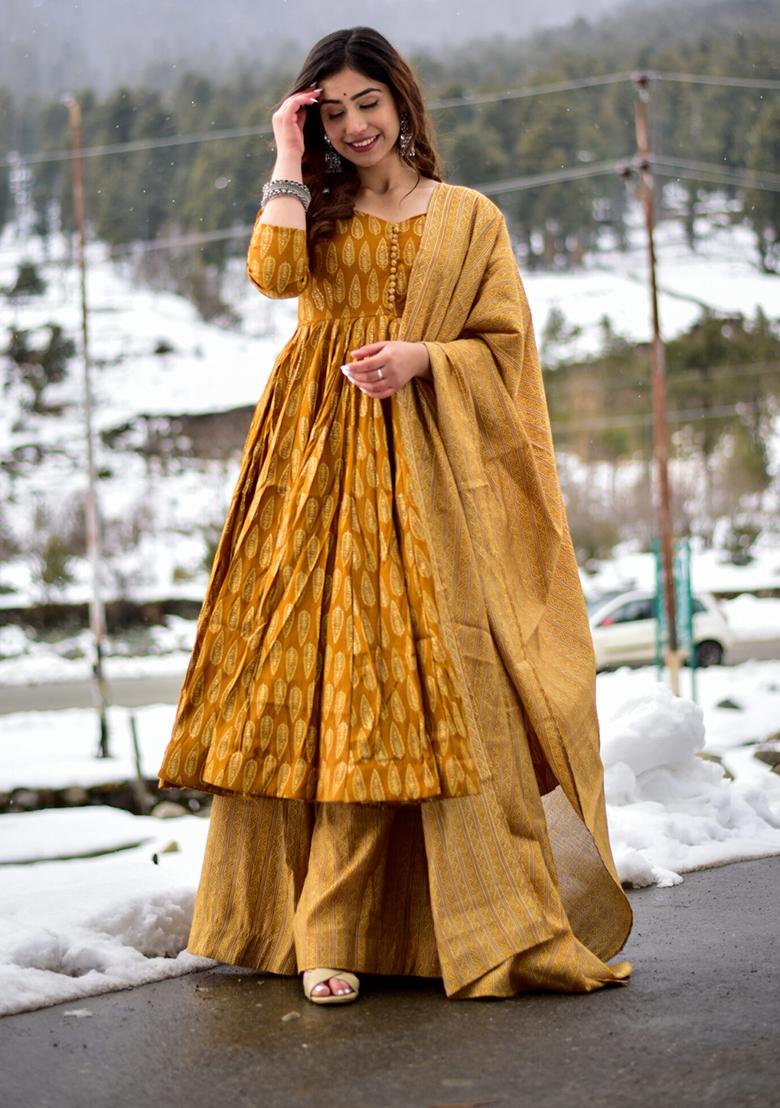 Beige Printed Muslin Anarkali Set