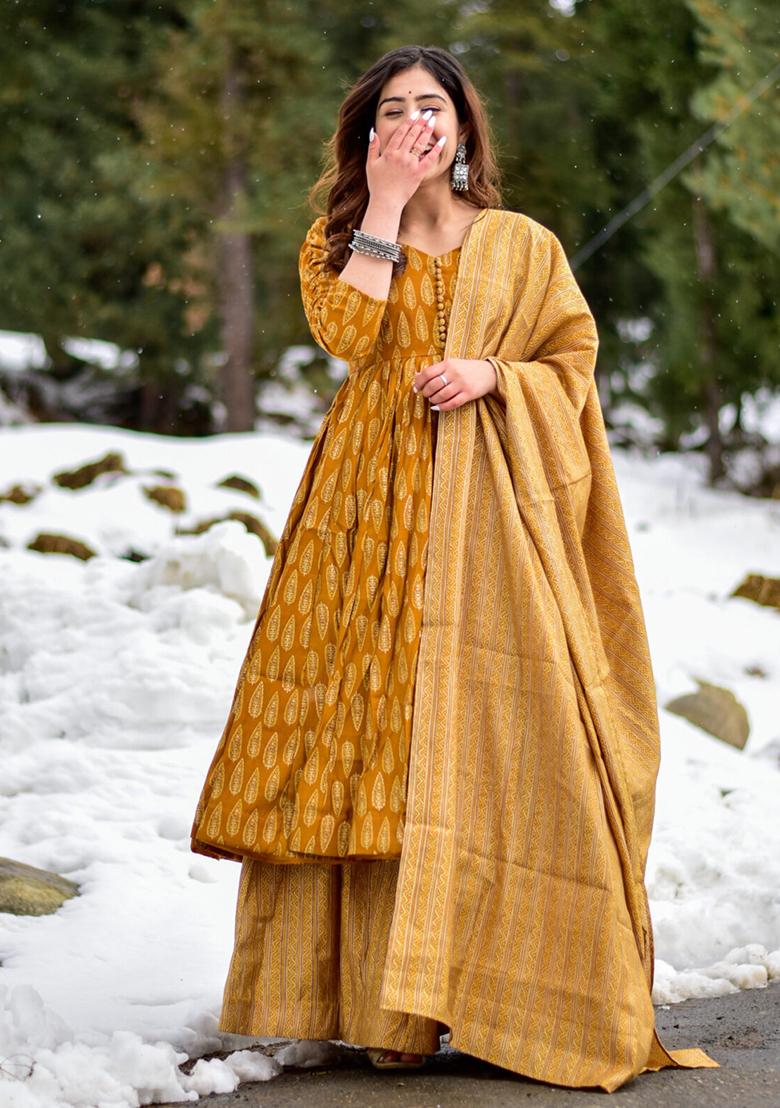 Beige Printed Muslin Anarkali Set