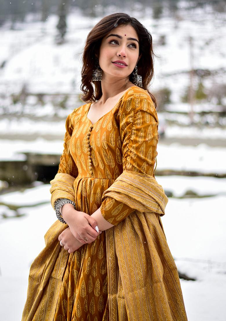 Beige Printed Muslin Anarkali Set