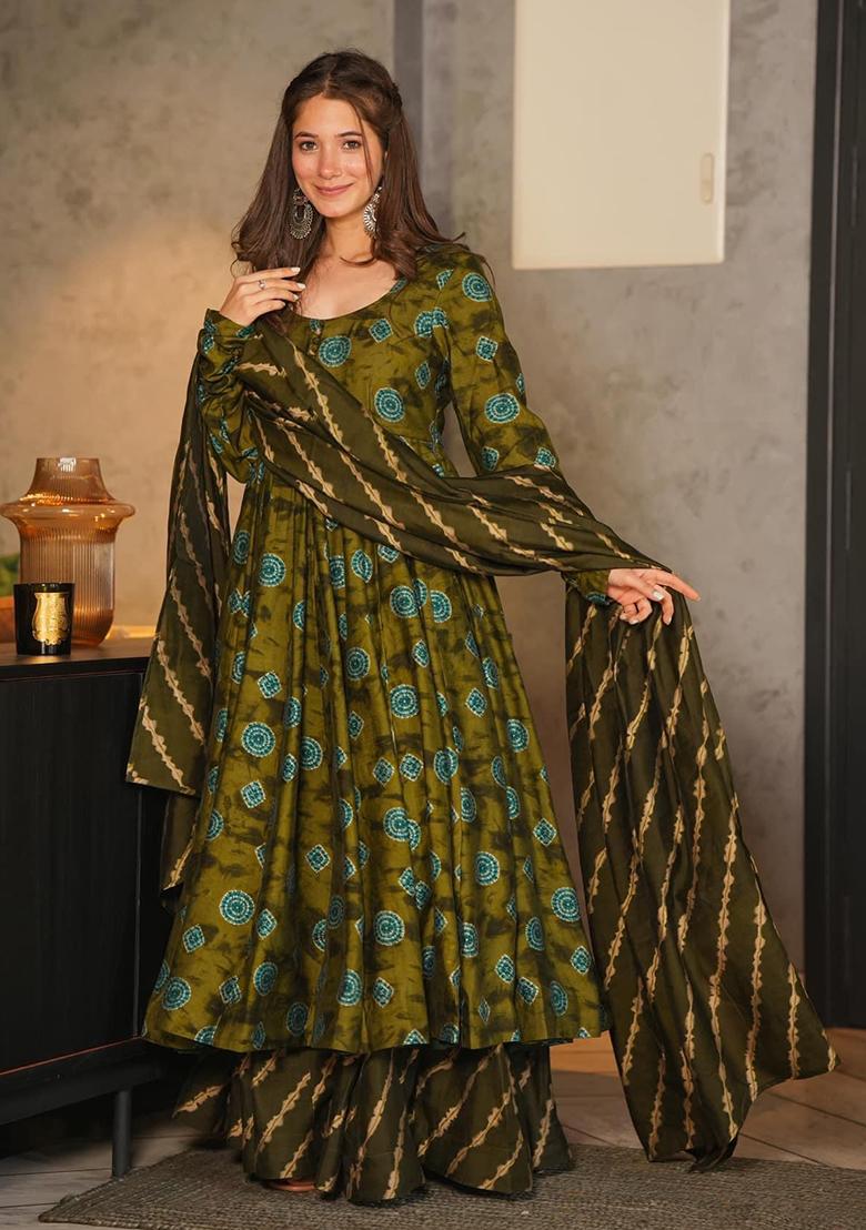 Dark Green Printed Muslin Anarkali Set