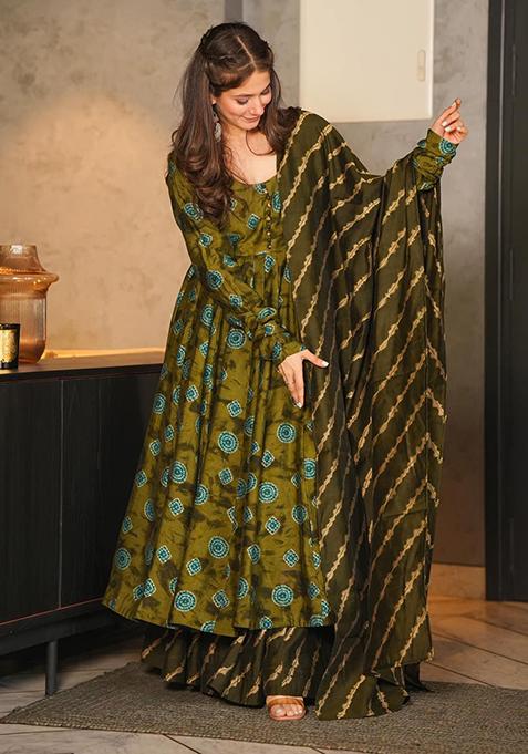 Dark Green Printed Muslin Anarkali Set