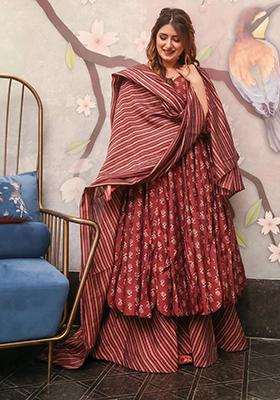 maroon Printed Muslin Anarkali Set