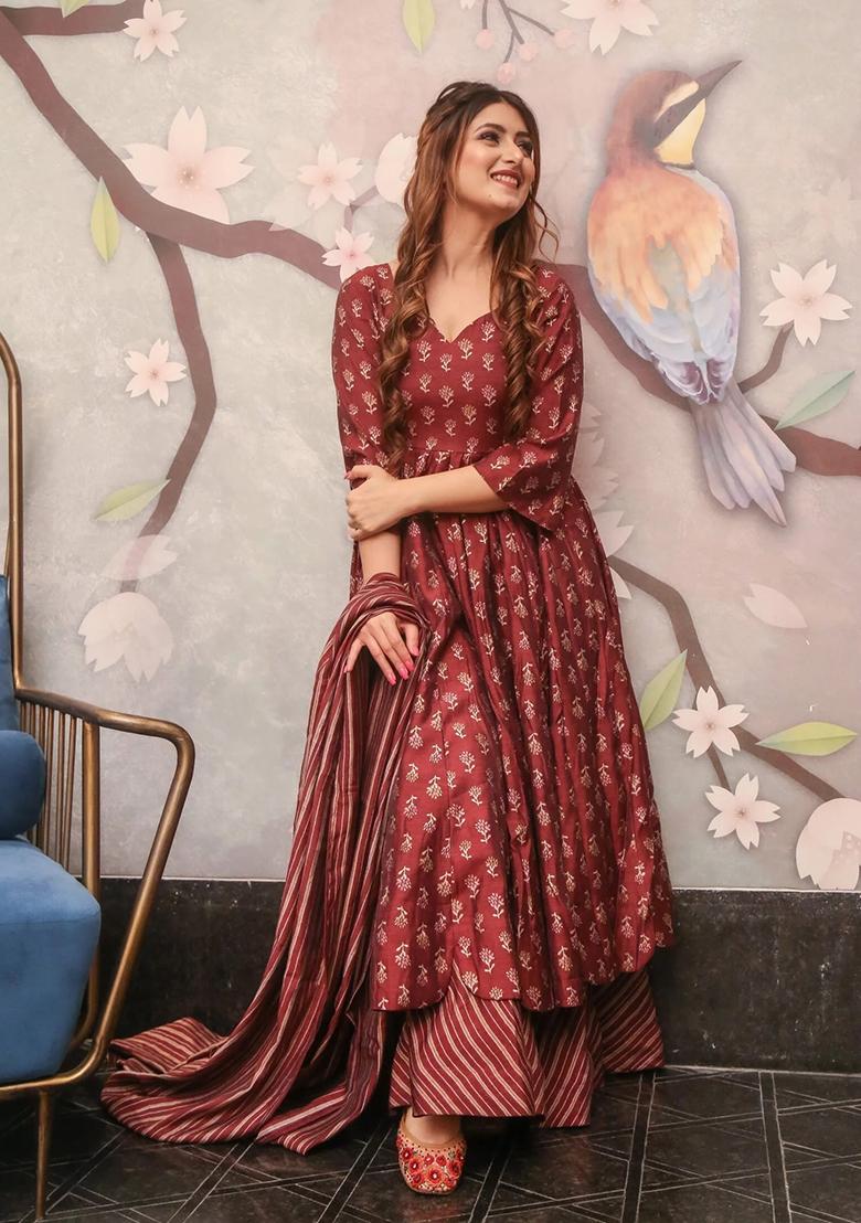 maroon Printed Muslin Anarkali Set