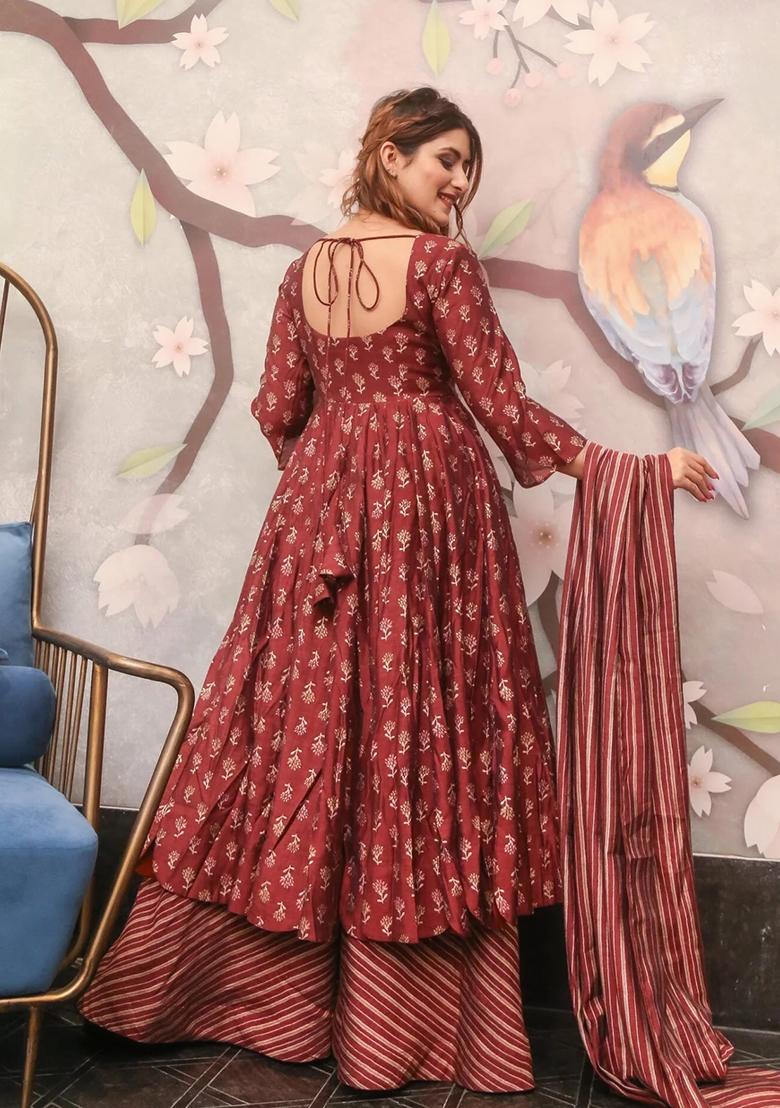 maroon Printed Muslin Anarkali Set