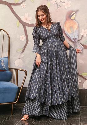 Blue Printed Muslin Anarkali Set