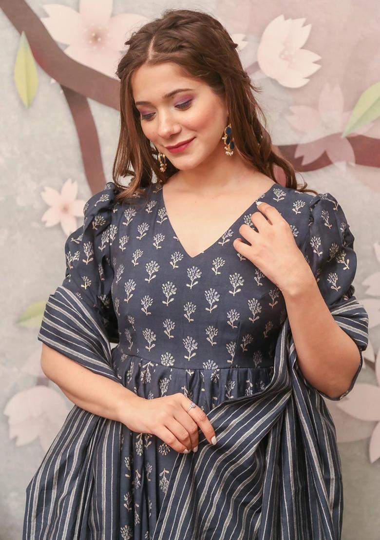 Blue Printed Muslin Anarkali Set