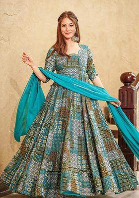 Sky Blue Printed Rayon Gown Set