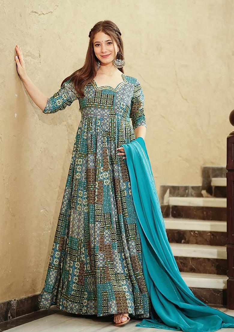 Sky Blue Printed Rayon Gown Set