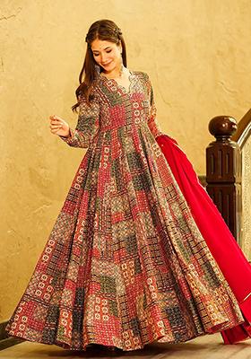 Red Printed Rayon Gown Set