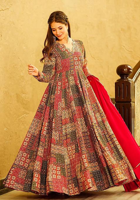 Red Printed Rayon Gown Set