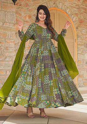 Green Printed Rayon Gown Set