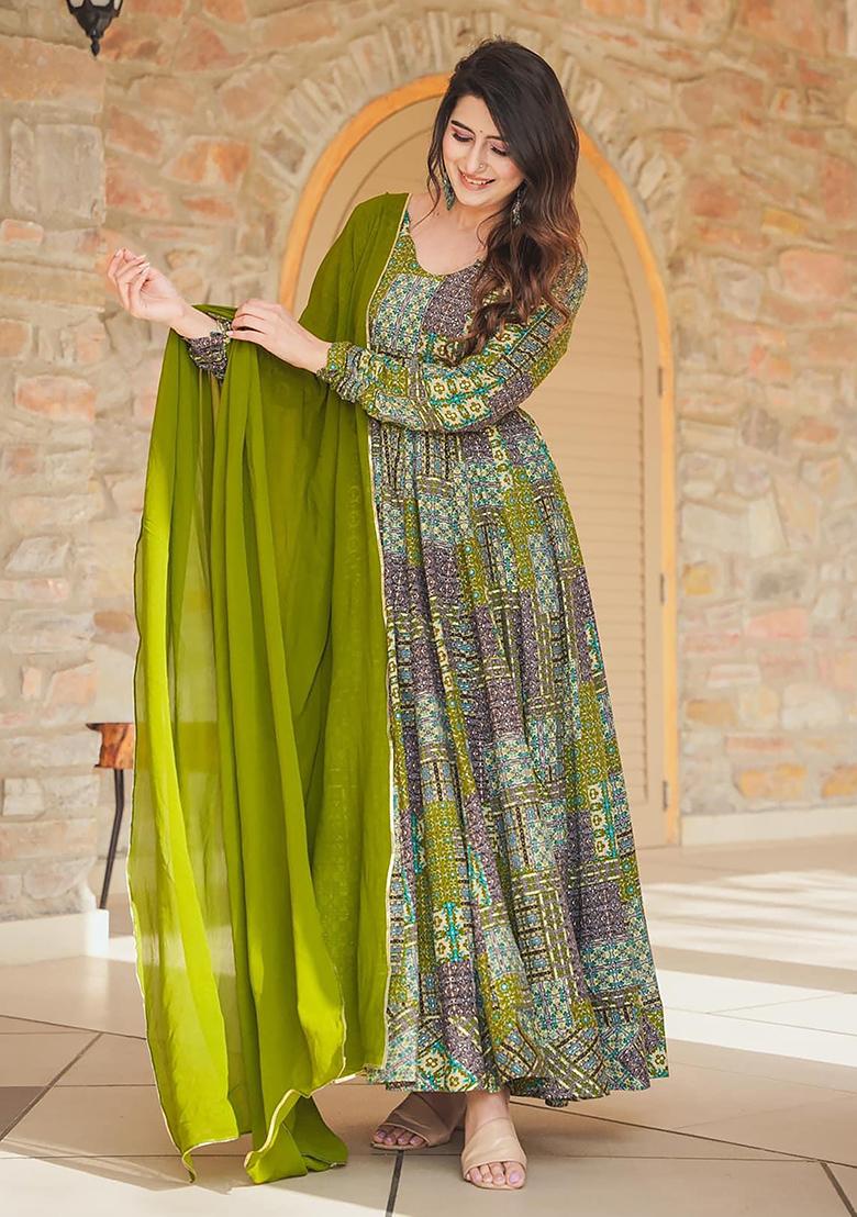 Green Printed Rayon Gown Set
