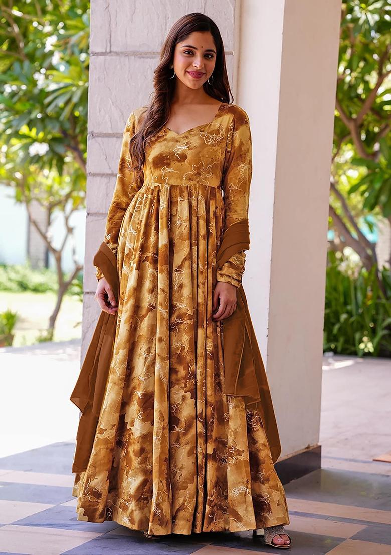Mustard Printed Rayon Gown Set