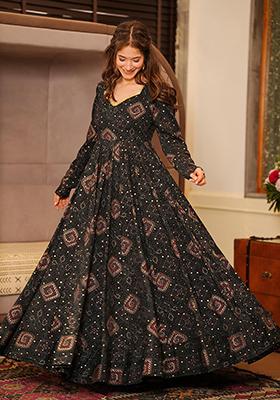 Black Printed Rayon Gown Set