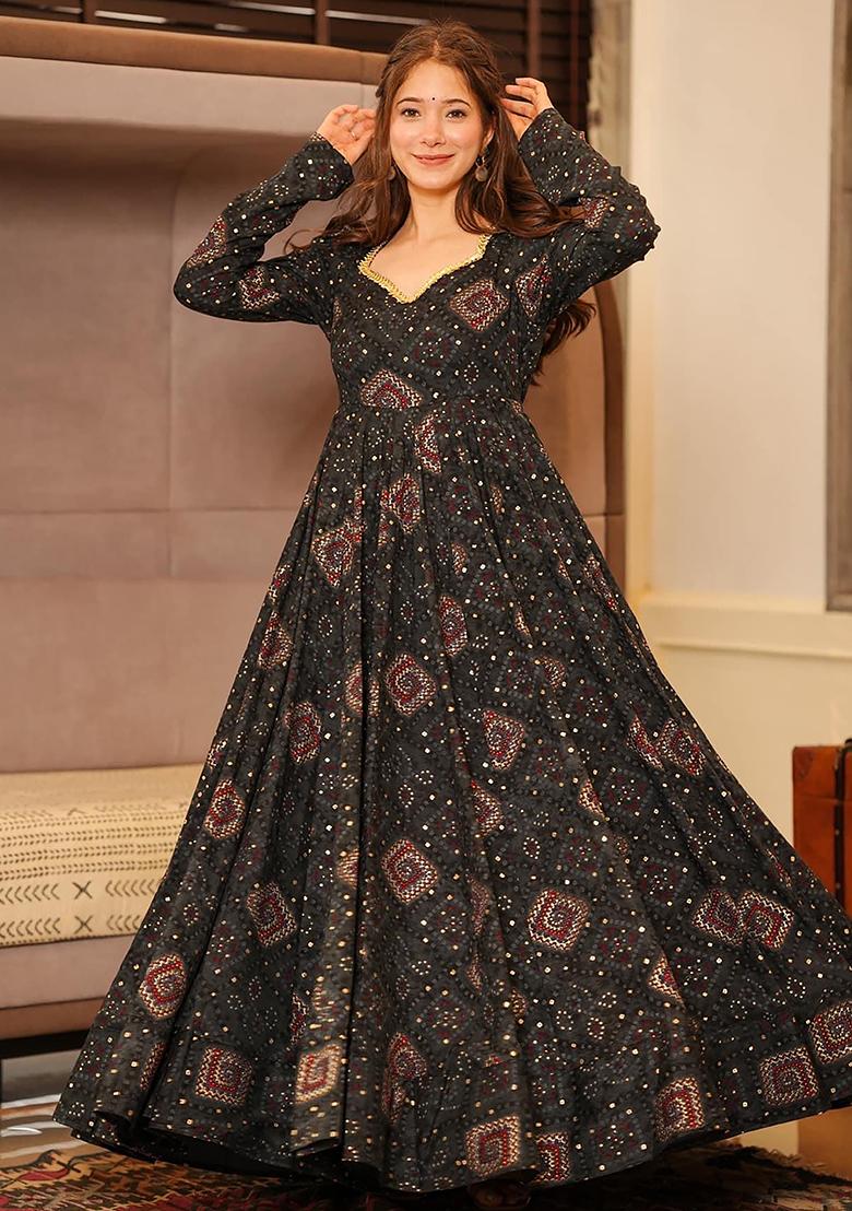 Black Printed Rayon Gown Set