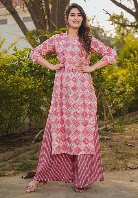 Pink Printed Rayon Straight Kurta Set