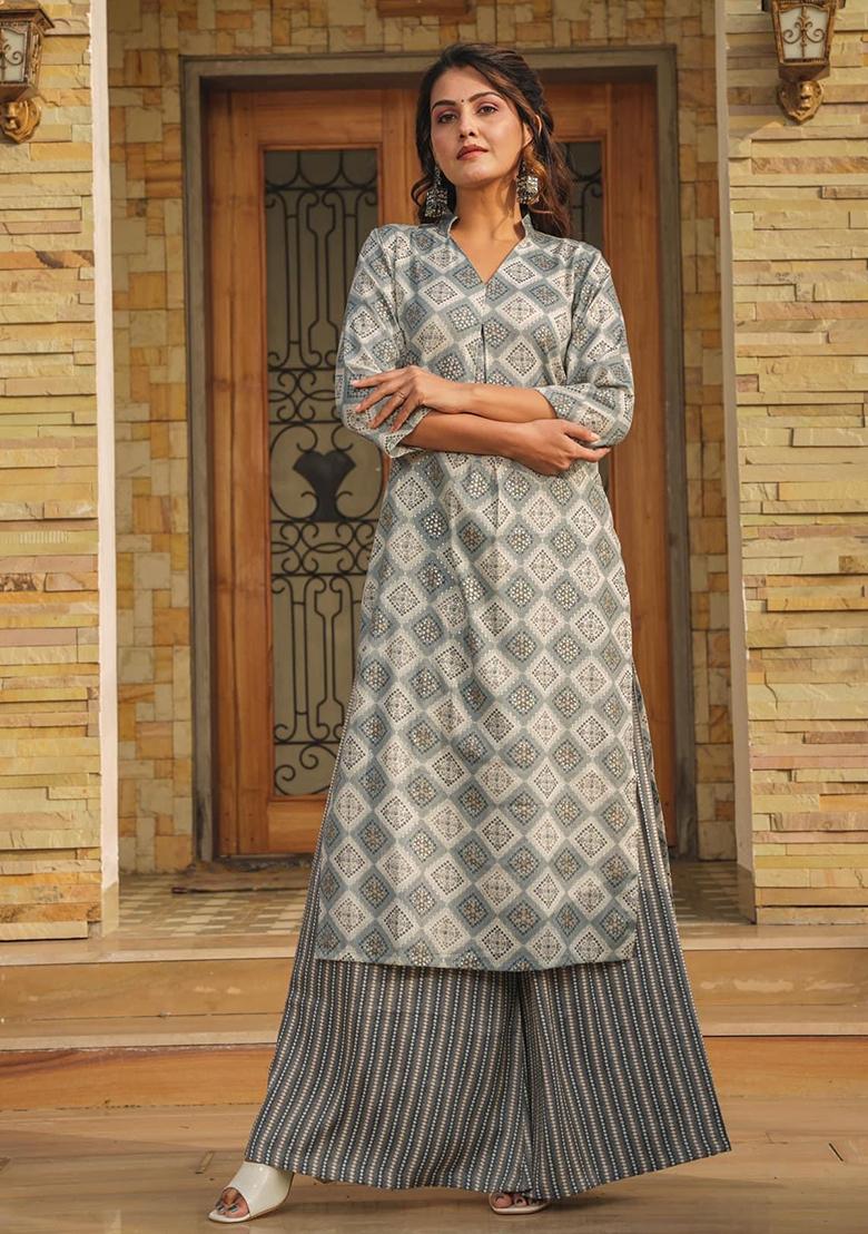 Grey Printed Rayon Plazzo Set