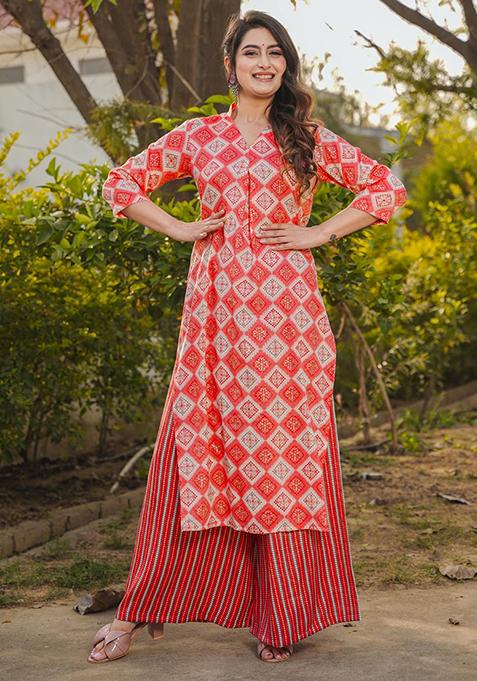 Red Printed Rayon Straight Kurta Set