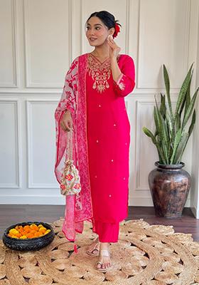 Rani Pink Embroidered Chanderi Kurta Set