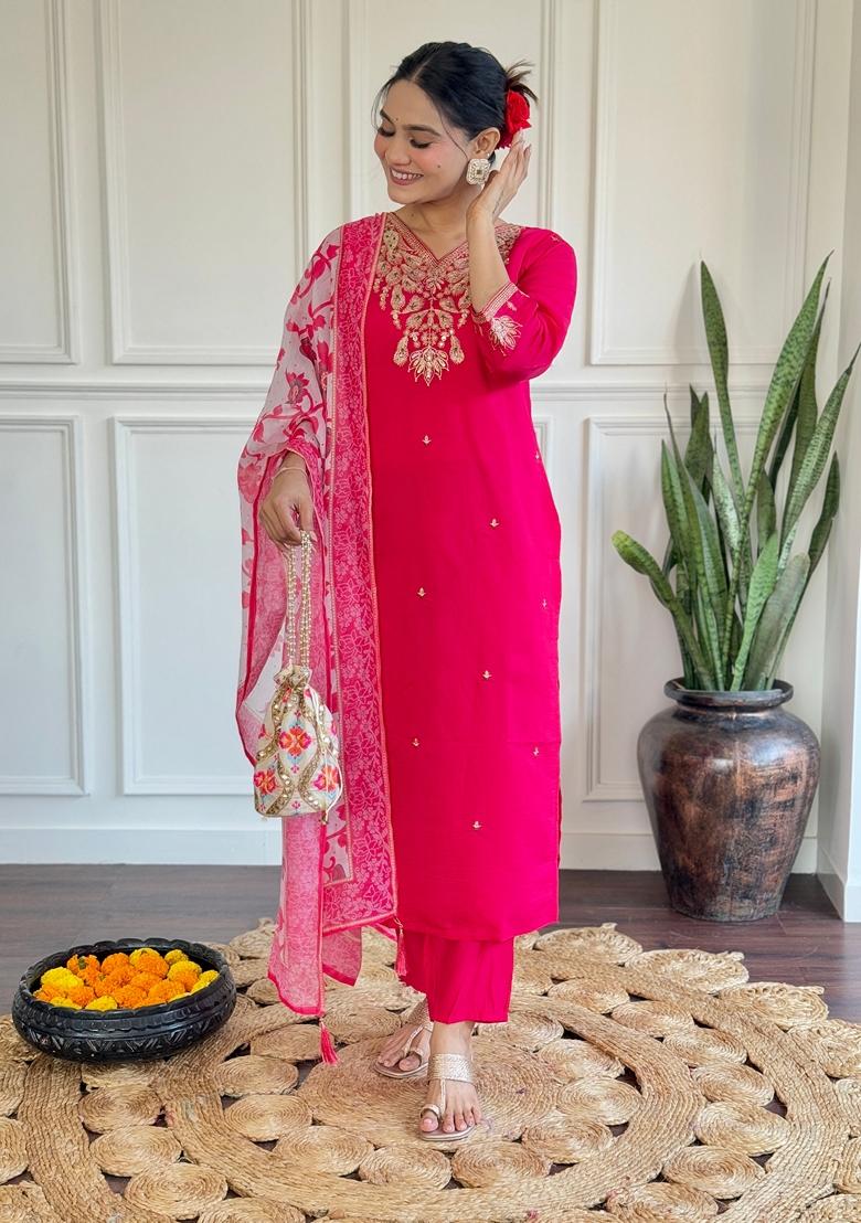 Rani Pink Embroidered Chanderi Kurta Set