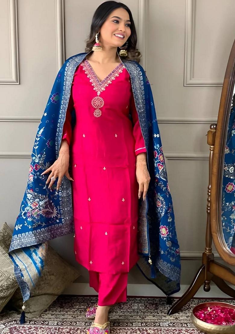 Rani Pink Embroidered Viscose Kurta Set