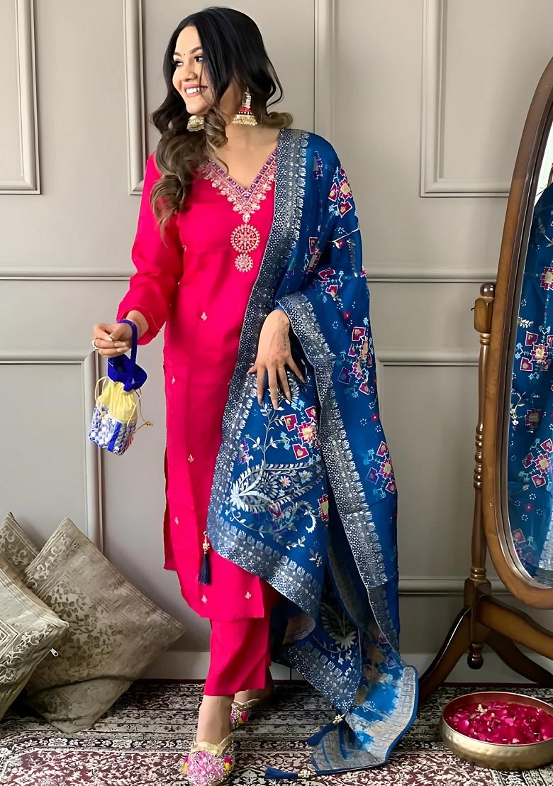 Rani Pink Embroidered Viscose Kurta Set