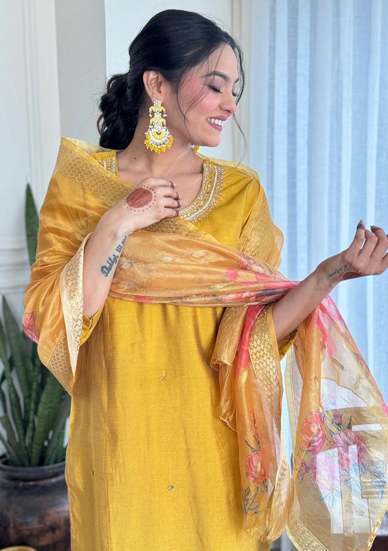 Mustard Embroidered Silk Kurta Set