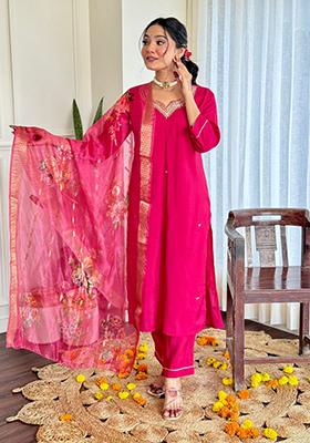 Rani Pink Embroidered Silk Kurta Set