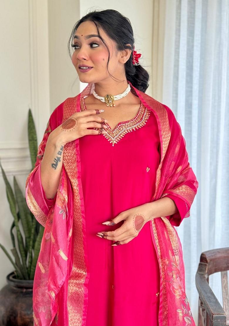 Rani Pink Embroidered Silk Kurta Set