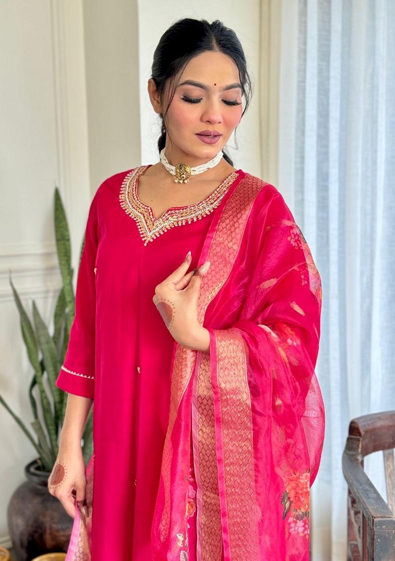 Rani Pink Embroidered Silk Kurta Set