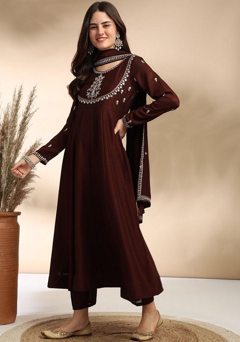 Dark Coffee Embroidered Silk Kurta Set