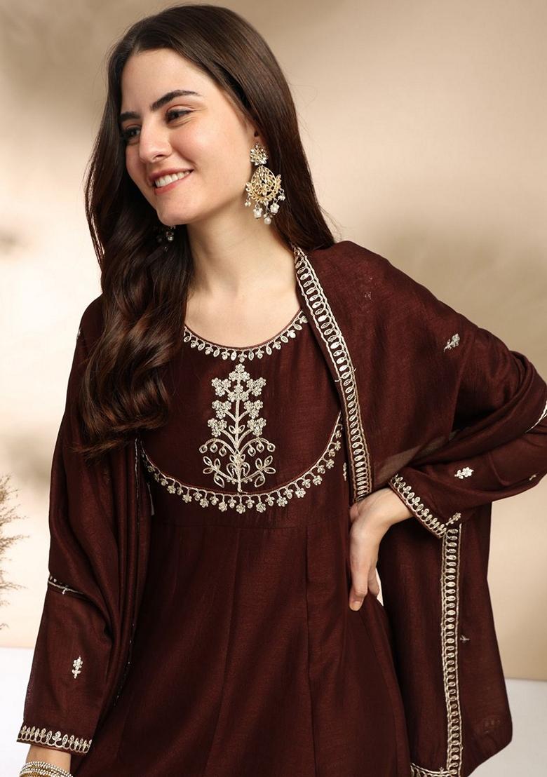 Dark Coffee Embroidered Silk Kurta Set