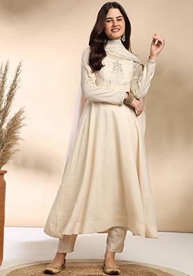 Off White Embroidered Silk Kurta Set