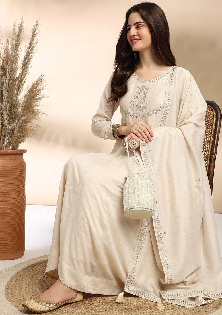Off White Embroidered Silk Kurta Set