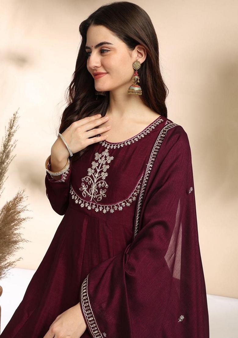 Wine Embroidered Silk Kurta Set